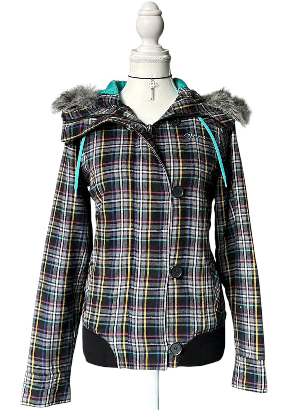 Y2K Grunge “Vans” Multicolour Tartan Print Faux Fur Hood Trim Bomber Jacket